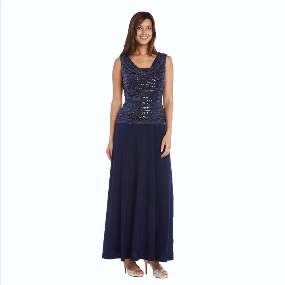 R&M Richards navy blue sequence sleeveless dress